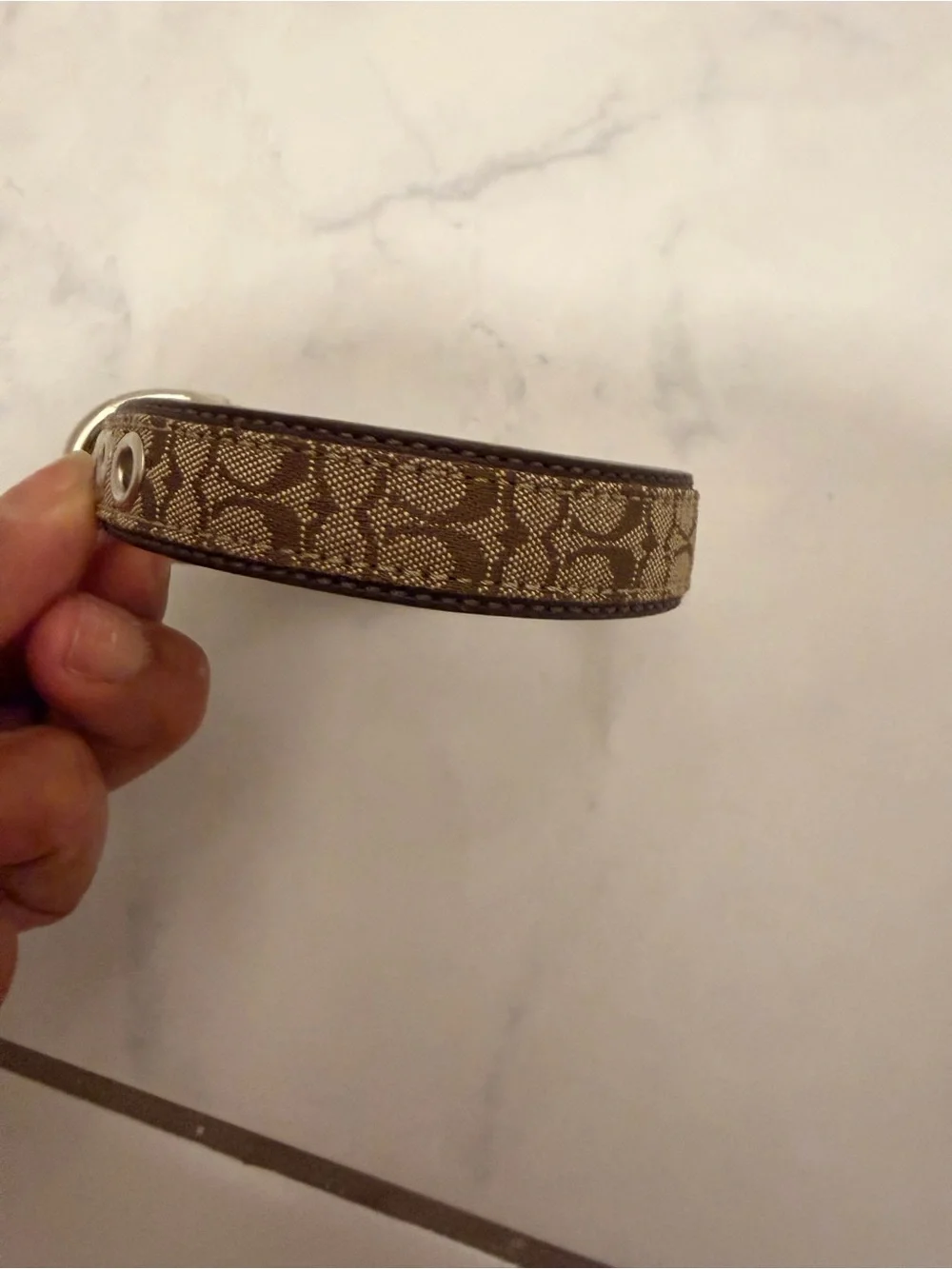 Authentic Coach Monogram Brown  Leather Trim Dog Collar with Silver Hardware